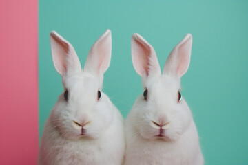 Obraz premium Two White Rabbits Against a Pink and Blue Background