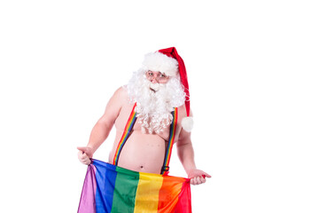 Funny fat Santa Claus with a gay flag. White background.
