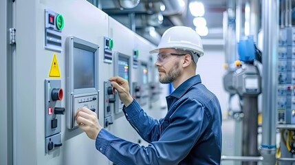 A technical engineer oversees the manufacturing process. Innovative technology in the industry. Software for professionals. Illustration for banner, poster, cover, brochure or presentation.