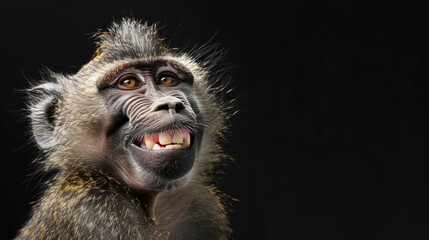 Close-up of a happy monkey on a black background. The monkey shows his white teeth.