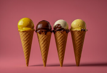 Various ice cream cones on pink background