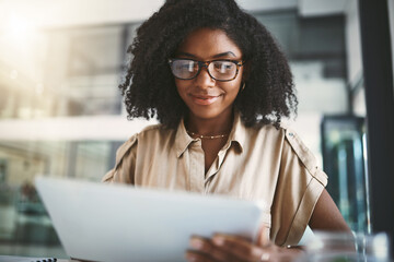 Woman, happy and tablet in office for business, browsing and planning schedule on digital app....