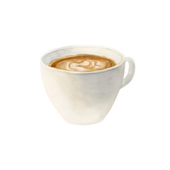 Coffee Latte., Cappuccino with milk foam in white porcelain cup. Hot beverage. Watercolor food illustration isolated