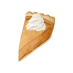 Pumpkin Pie Slice With Whipped Cream. Traditional American fall bakery dessert. Watercolor food illustration isolated