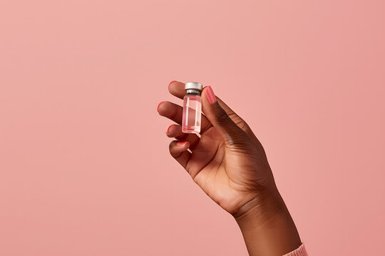 A hand holding a vial on a plain light background