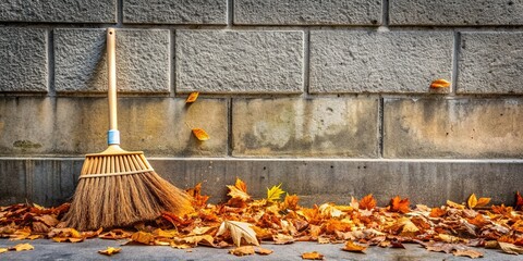 A broom leaning against a concrete wall beside a dustpan, surrounded by fallen leaves, amidst a clean and organized urban streetscape backdrop.