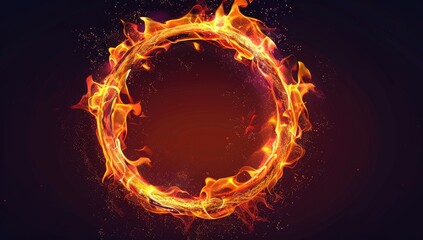 Abstract Neon Energy Sphere of Particles and Waves of Magical Glowing Orange Fire on a Dark Background, Circle and Loop Frames with Fiery Orange Flame and Sparks