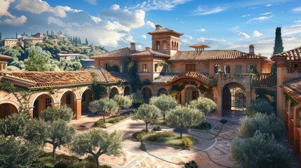 Fototapeta premium An opulent Mediterranean-style villa with terracotta roofs, arched doorways, and a courtyard filled with olive trees.