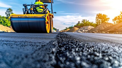 A roller is used to compact and level the road surface. The road is paved and construction equipment is operated. Repairing or installing new sidewalk of a highway or sidewalk. Illustration for design