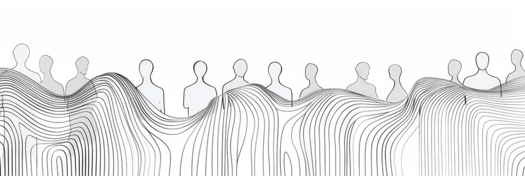 Abstract Art with Silhouettes of People - Abstract art piece featuring a series of silhouettes of people against a white background, with linework creating a wave-like design. - Abstract art piece fea