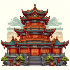 Naklejka premium red Chinese temple house vector art isolated on a white background
