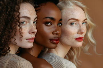 Obraz premium A detailed closeup of a makeup-free, diverse group, revealing natural skin with realistic tones, spots, freckles, and wrinkles, facing away from the camera against a plain background in the studio