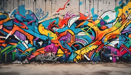 A vibrant, seamless pattern of colorful graffiti art layered on a weathered concrete wall, showcasing urban street art. 