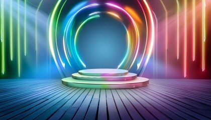 Abstract background with neon lights of various colors on stage 