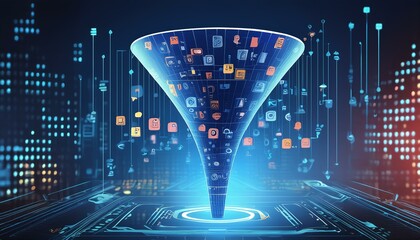 Big data technology and information funnel concept. Large digital funnel with online data as process of data collection, analysis, and transformation into useful information. Modern, digital style