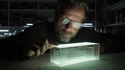 Architect designer at work. A man is studying a detailed 3d model of a building in digital projection displayed on the surface of a table. The impression of realistic design is created. Illustration.