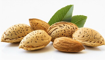 Close-up of almonds with leaves, isolated on white background 
