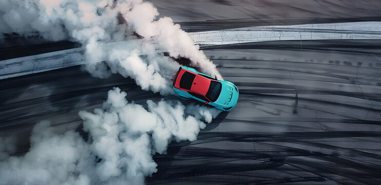 Aerial top view car drifting diffusion race drift car with lots of smoke from burning tires on speed track, Professional driver drifting car with lots of white smoke .