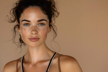 A woman in a studio, makeup-free, with clear skin, wearing a gym outfit