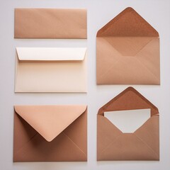 Set of brown envelopes (sealed, empty and with a blank paper inside), isolated on white background 