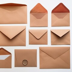 Set of brown envelopes (sealed, empty and with a blank paper inside), isolated on white background 