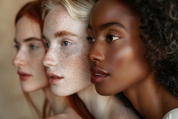 Obraz premium A closeup view of a diverse group, bare-faced, highlighting natural skin with realistic tones, spots, freckles, and wrinkles, facing away from the camera against a simple studio backdrop