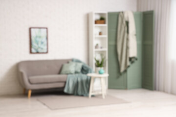 Interior of modern stylish room with comfortable sofa, shelving unit and folding screen