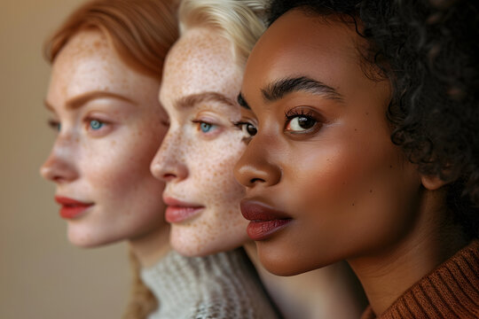 A closeup shot of a female diverse group, makeup-free, facing away from the camera, showcasing natural skin with realistic tones, spots, freckles, and wrinkles against a plain background 