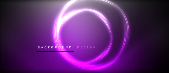 Neon glowing circle rays, light round lines in the dark, planet style neon wave lines. Energetic electric concept design for wallpaper, banner, background