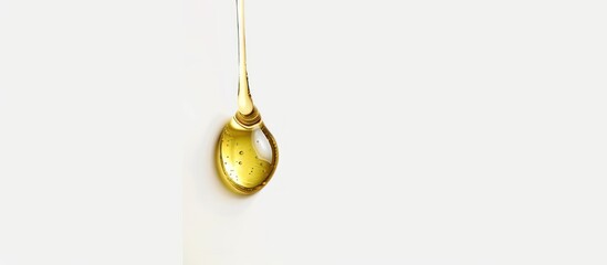 A drop of olive oil dripping on a white background.
