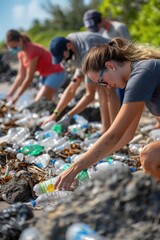 volunteers picking up plastic garbage outside. ai generated