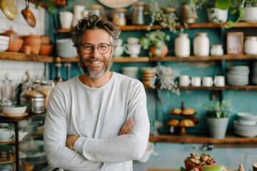 Proud coffee shop owner standing in front of his cozy café, confident entrepreneur, small business owner