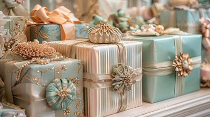 Beautifully wrapped gifts in pastel shades with ornate decorations, perfect for celebrations and special occasions.