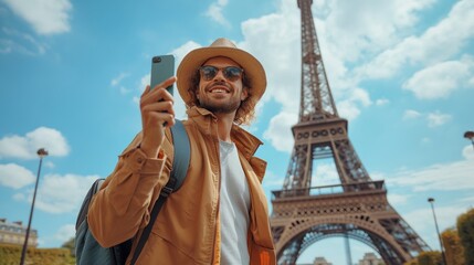 Tourist taking a selfie in front of the Eiffel Tower in Paris