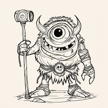 recommend clip art: Giant Oneeyed Cyclop With Club In One Hand - A Black And White Drawing Of A Cartoon Monster