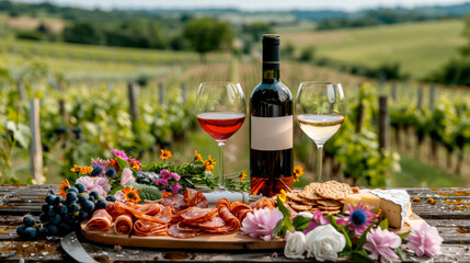 Fototapeta premium Wine, charcuterie and cheese served on rustic table, rolling hills with vineyards in the background