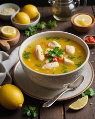 Food photography of Chikhirtma, a Georgian chicken soup thickened with eggs and lemon juice, beautifully garnished with herbs and served in a decorative bowl.