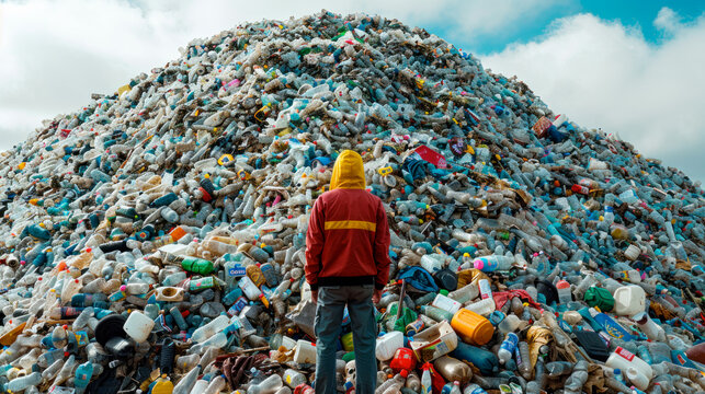 Climber facing mountain of plastic trash