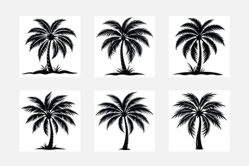 Vector logo and print design templates, summer palms, tropical hand drawn illustrations, tropical surfing concept, vacation and travel, palm trees or coconut trees set 
