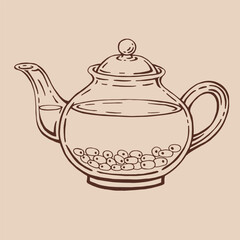 Teapot of tea with sea buckthorn. Hand drawn vector illustration in outline style.