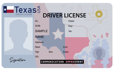 Texas  driver's license isolated on white background. Person driver license