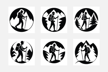 Rock climbing silhouette man and woman, climb to mountain with rope. Climbing vector sport, outdoor extreme activity. Active rest mountaineering and climbing illustration set