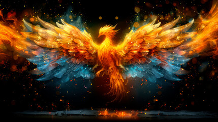 Magic firebird, phoenix on black background