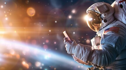A man in a spacesuit is holding a cell phone
