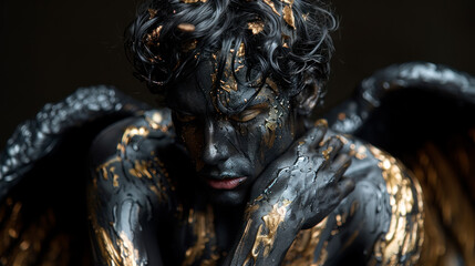 Portrait of dark angel in black and golden paint