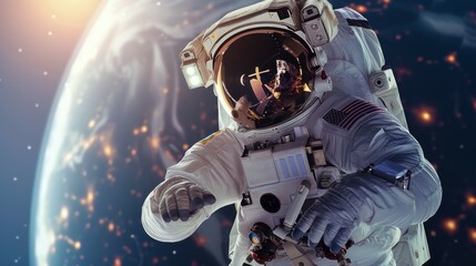 A man in a spacesuit is standing on a planet