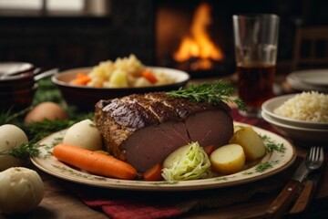 Jigg's Dinner: A traditional Newfoundland meal featuring salted meat (usually beef or pork), potatoes, carrots, turnips, and cabbage, all boiled together.






