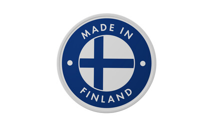 Obraz premium Made in Finland. Circle country flag product label round pinback button banner simple. Transparent backgound. 3d rendered with alpha channel. Round shape.