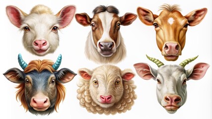 Fototapeta premium Colorful illustration of six farm animal heads, including cow, pig, sheep, horse, goat, and chicken, set against a white background.