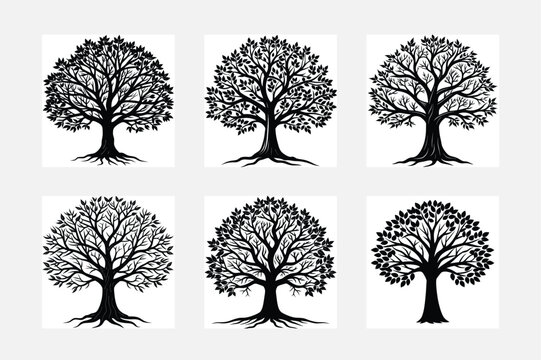 Bodhi Tree silhouette vector art illustration bundle set.